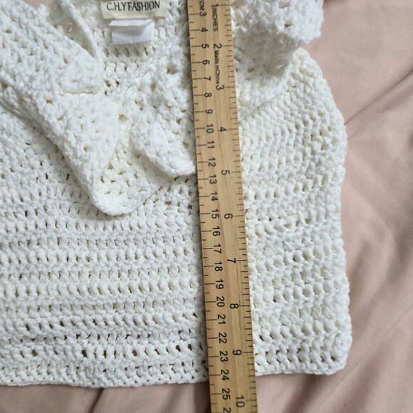 Women Crochet Off-Shoulder Crop Top M/L Cream Ruffle Corset Cottage Boho Peasant - Picture 8 of 8